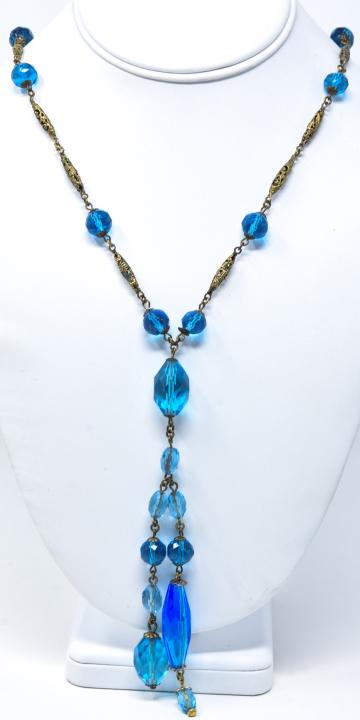 Antique Art Deco Czech Glass & Gilt Necklace: Antique Art Deco Czech Glass & Gilt Necklace. Antique Flapper era necklace with Czech type glass beads. Measures 24 inches plus 6 inch pendant drop.