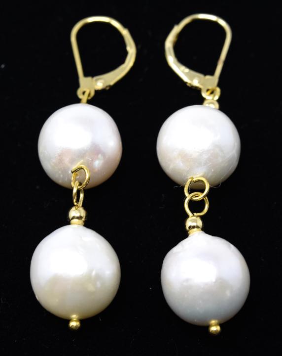 Pair of 14kt Yellow Gold & Baroque Pearl Earrings: Pair of 14kt Yellow Gold & Baroque Pearl Earrings. Each with two high luster pearls. Hallmarked 14kt, may be plated. Each measures 2.25 inches in length.