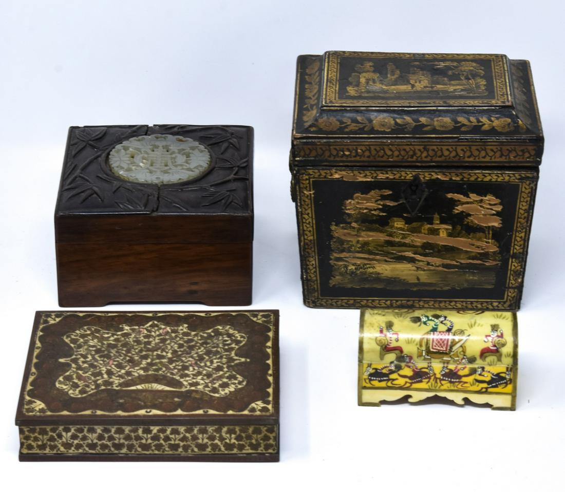 2 Asian Style Table Boxes Incl. Painted & Carved: 2 Asian Style Table Boxes Incl. Painted & Carved. Includes hand painted bone box, enameled metal box, hand painted wooden box and carved box with possible jade panel (not tested) which measures 2.5 in