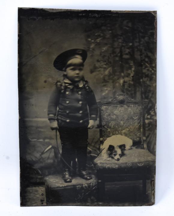 Antique 19th C Tin Type Photo Girl w Pet Dog (1 of 5)