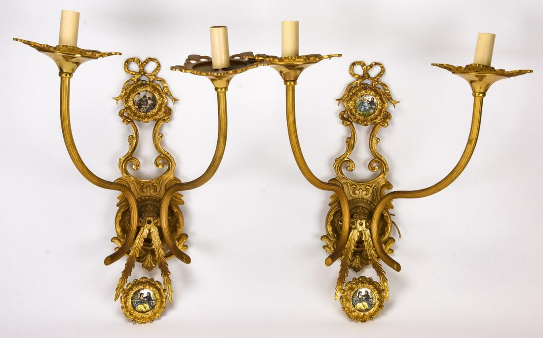 Pair Neoclassical Gilt & Porcelain Wall Sconces (1 of 9)