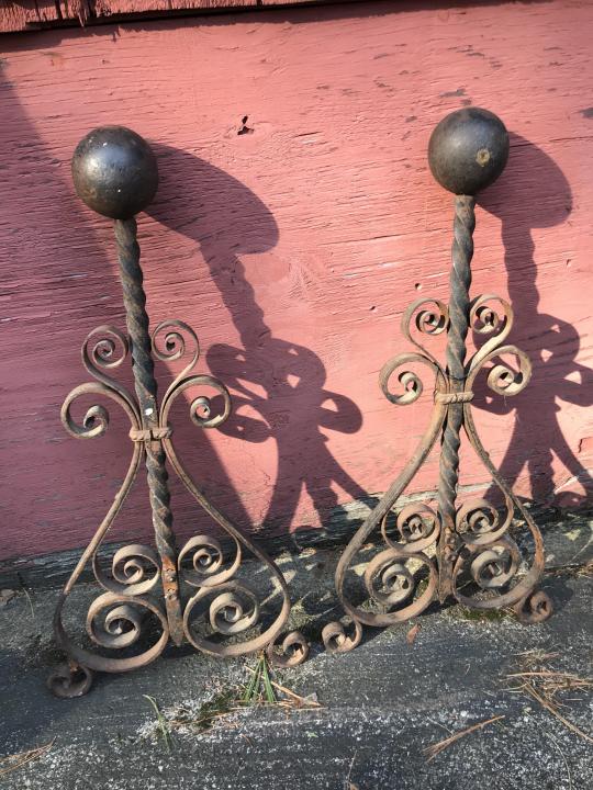 Antique Arts & Crafts Style Wrought Iron Andirons: Antique Arts & Crafts Style Wrought Iron Fireplace Andirons. Measures 29 inches in height.
