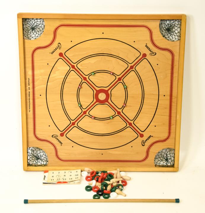 Vintage Carrom Wood Game Board, Pieces, Cue (1 of 4)