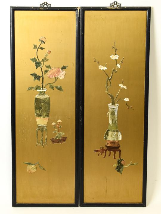 Chinese Mother of Pearl & Hardstone Inlaid Screens: Pair Antique Chinese Mother of Pearl & Hardstone Inlaid Screens. Flower arrangement in vase motif. Each are 35 inches x 12 inches.