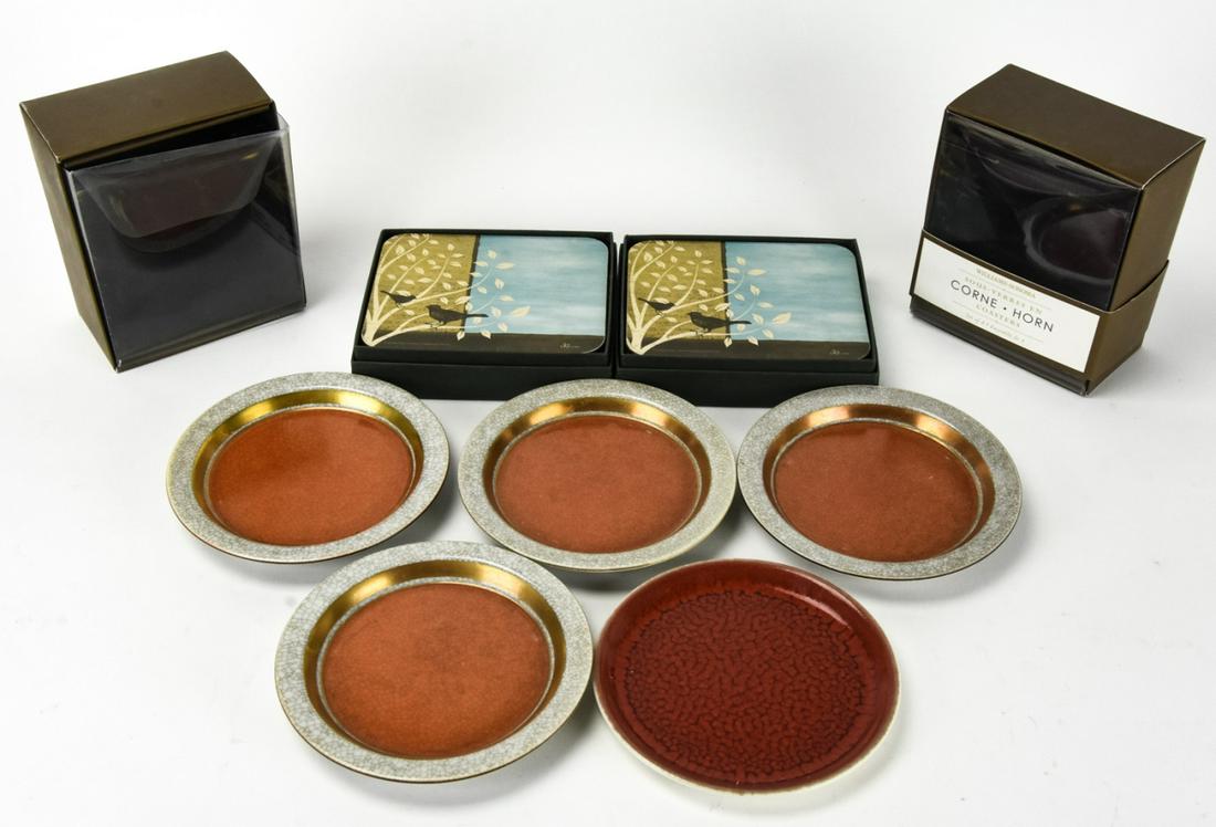 Collection Coasters, Royal Copenhagen, Horn, Jason: Collection Coasters, Royal Copenhagen, Carved Horn, Jason New Zealand Bird Song, and Lars France. The 8 carved horn coasters are 4 inches x 4 inches.