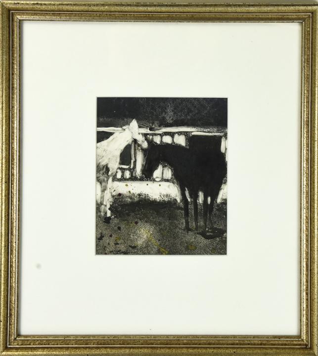 K T Ross Watercolor Painting of Horses: K T Ross Watercolor Painting of Horses. Abstracted watercolor painting depicting two horses, signed K T Ross in the lower left. Profesionally matted and framed. Frame measures 13 inches x 12 inches.
