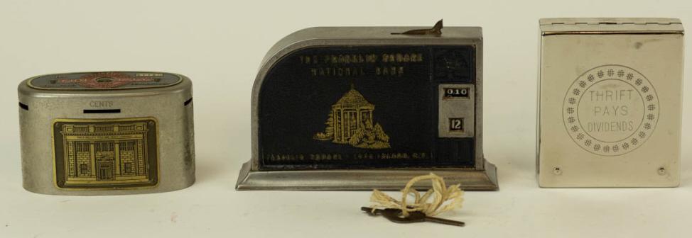 3 Vintage Cast Metal Savings Banks: 3 Vintage Cast Metal Savings Banks. Includes Fidelity, Citizens Savings Bank, and The Franklin Square National Bank which measures 3.25 inches x 5.75 inches.