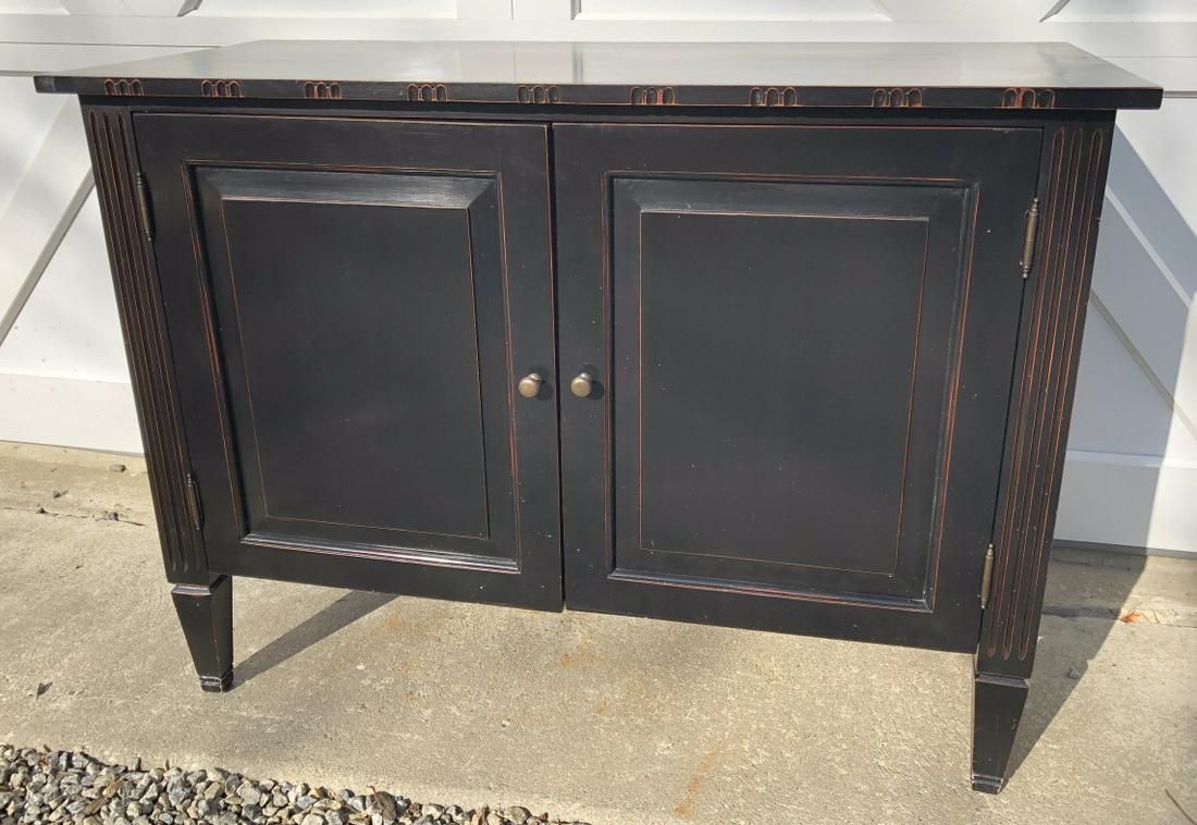 Hand Painted Ebony and Red Console: Hand Painted Ebony and Red Console. Interior shelving. 32 inches x 45 inches x 19 inches