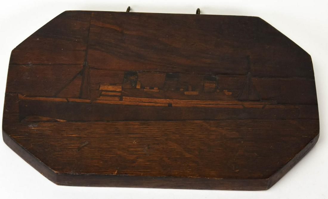 Antique Tunbridge Marquetry Plaque of a Ship: Antique Tunbridge Marquetry Plaque of a Ship. Measures 10.25 x 6.5 inches.