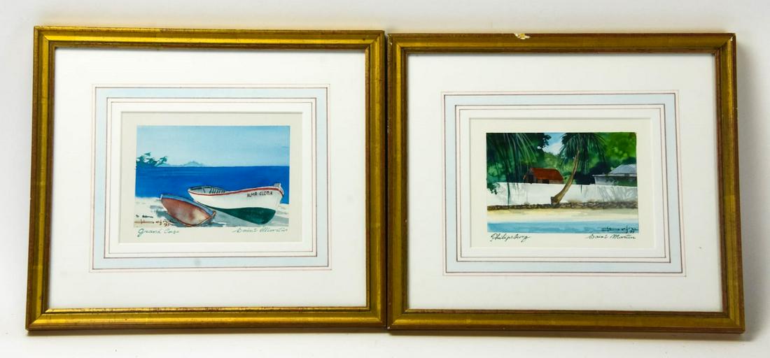 Pair Framed Watercolors St. Martin Beach & Boats (1 of 5)