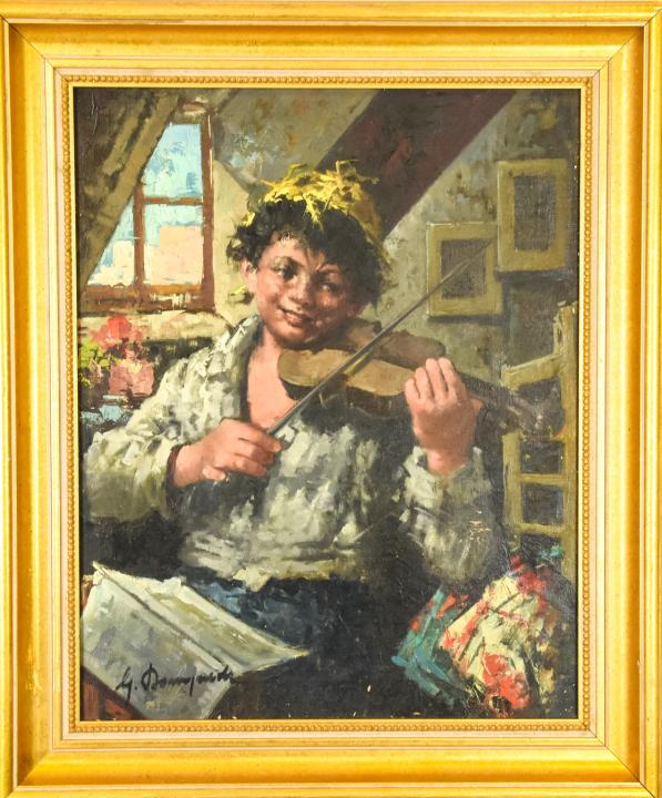 Signed Oil Painting of Boy Playing Violin (1 of 5)