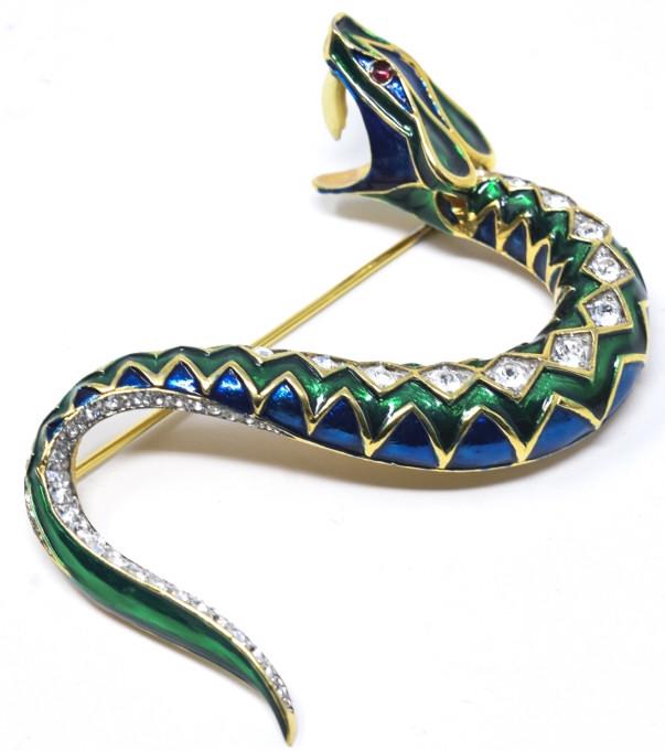 Vintage Jomaz Gilt Metal Enamel & Paste Snake Pin: Vintage Jomaz Gilt Metal Enamel & Paste Snake Brooch. Signed. Measures 3 inches in length.