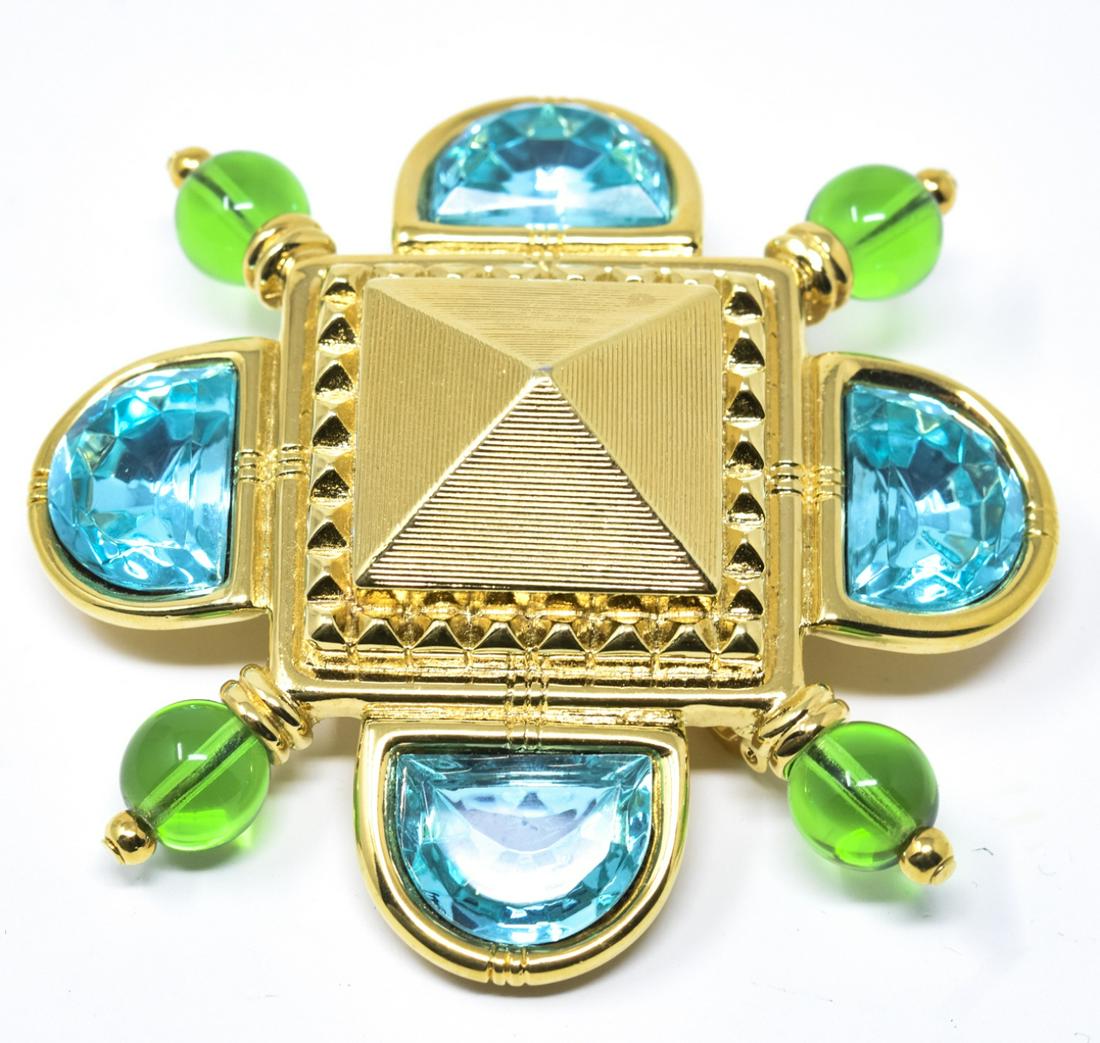 Large Scale Costume Jewelry Statement Brooch: Large Scale Costume Jewelry Statement Brooch Signed SMB. Gilt metal, aquamarine paste and emerald paste. Measures 2.5 inches in width.
