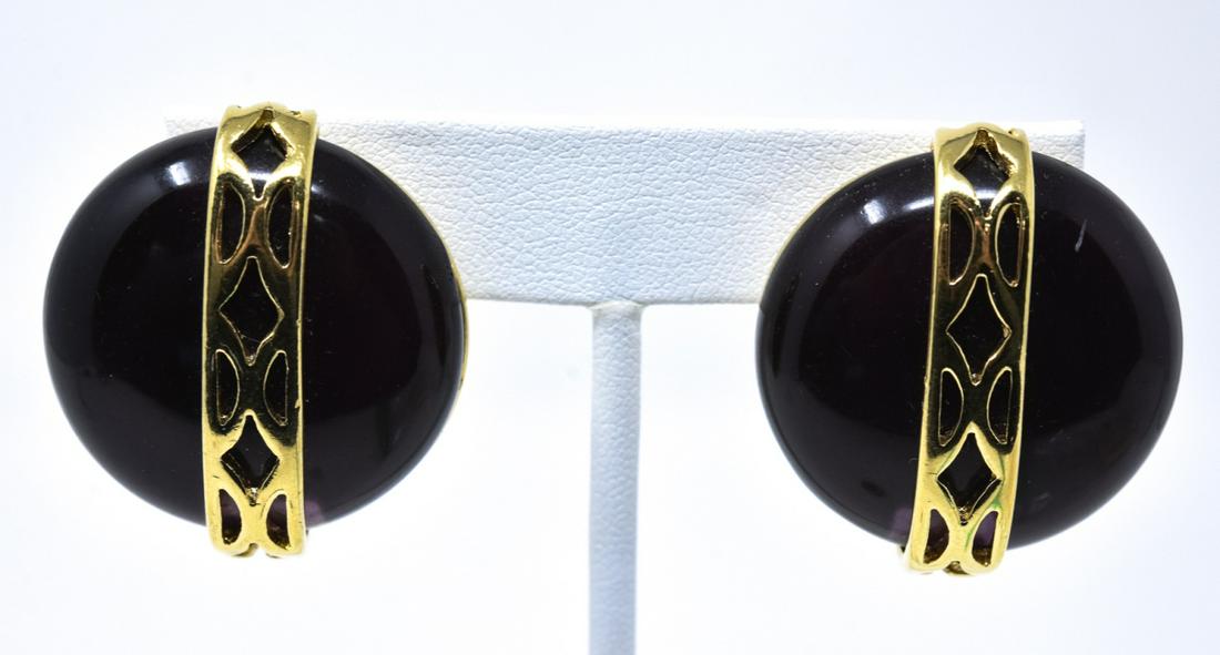 Vintage Givenchy Acrylic & Gilt Clip on Earrings: Vintage Givenchy Acrylic & Gilt Clip on Earrings. Vintage French clip on earrings by Givenchy with openwork gilt design done the center of acrylic cabochons. Signed. Each measures just over 1.25 inche
