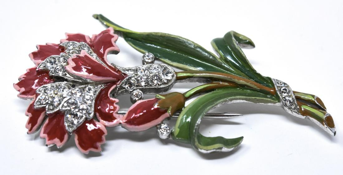 Vintage Trifari Brooch Enamel & Rhinestone Flower: Vintage Trifari Brooch or Clip Enamel & Rhinestone Carnation Flower. Signed. Hand painted enamel. Rhinestones. Rhodium plated. Measures 2.5 inches in length. Patent number 118759 circa 1940s.
