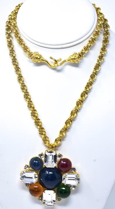 Philippe Ferrandis Paris Necklace Pendant / Brooch: Philippe Ferrandis Paris Necklace Pendant / Brooch. Comes with a 30 inch long chain that is also set with rhinestones at the ends. Chain hooks into pendant loop on back. Signed on back. Set with emera