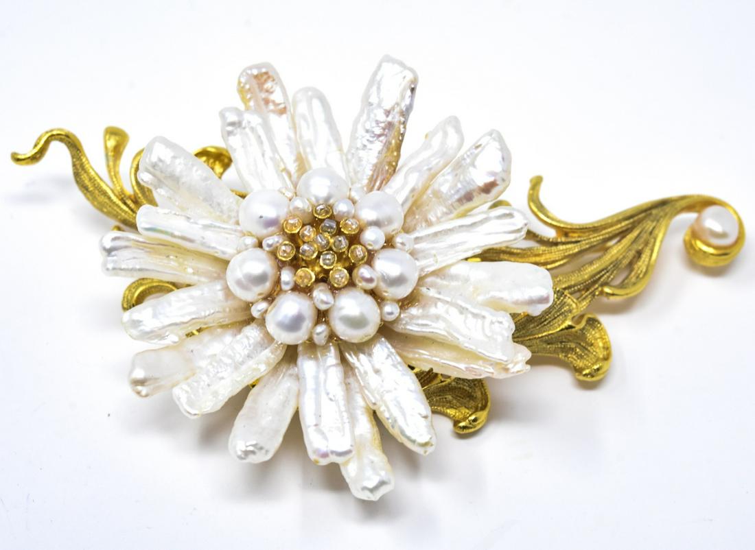 Vintage Barrera Fresh Water Pearl Large Brooch: Vintage Barrera Fresh Water Pearl Large Brooch. Signed. Gilt metal French Rococo style swirl design set with a large flower design of fresh water pearls and clear rhinestones. Circa 1995. Special prod