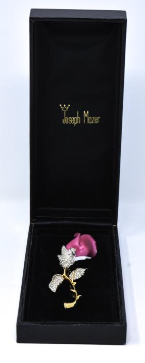 Unique Vintage Jomaz Large Scale Rose Brooch: Unique Vintage Jomaz Large Scale Rose Brooch. Signed. High shine gilt metal, painted pink enamel, clear rhinestone set leaves and details. Comes with its original box marked Joseph Mazer. Measures jus