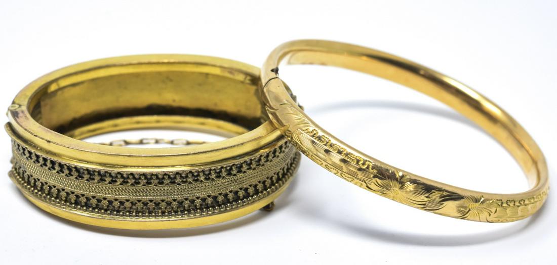 Antique & Vintage Child Size Gold Filled Bracelets: Two Antique & Vintage Child Size Gold Filled Bracelets. One is 19th century American Victorian w safety chain. Hinged bangle bracelets. Total weight 38.1 grams. Larger measures just over 2 inches acro