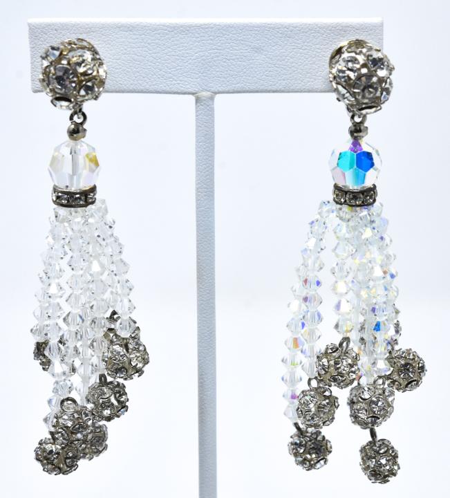 Pair of Vintage Crown Trifari Tassel Earrings: Pair of Vintage Crown Trifari Tassel Earrings. Clip ons. Signed. Rhinestone and beads. Each measures 3.5 inches in length.