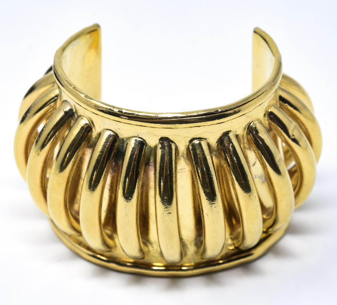 Vintage C 1990s French Philippe Ferrandis Bracelet: Vintage C 1990s French Philippe Ferrandis Bracelet. Cuff form gilt metal sculptural bracelet. Signed. Measures 2.25 inches across interior opening at the front of the bracelet. Measures 2.5 inches in