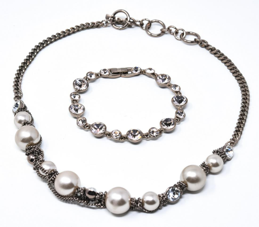Circa 2000 French Givenchy Necklace & Bracelet Set: Circa 2000 French Givenchy Necklace & Bracelet Set. Signed. Faux pearls and rhinestones. Necklace measures 18 inches in length.