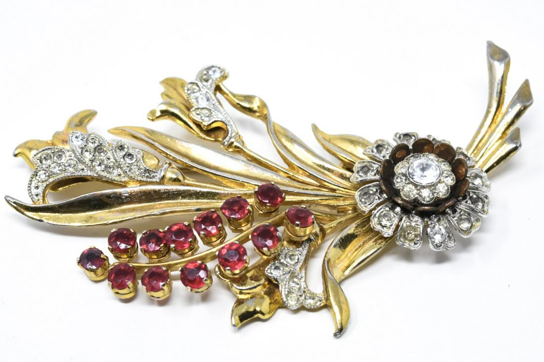 Retro Era C 1940s Large Scale Floral Spray Brooch: Vintage Retro Era C 1940s Large Scale Floral Spray Brooch. Unsigned. Gilt metal, ruby paste and clear rhinestones. Measures 3.5 inches in length.