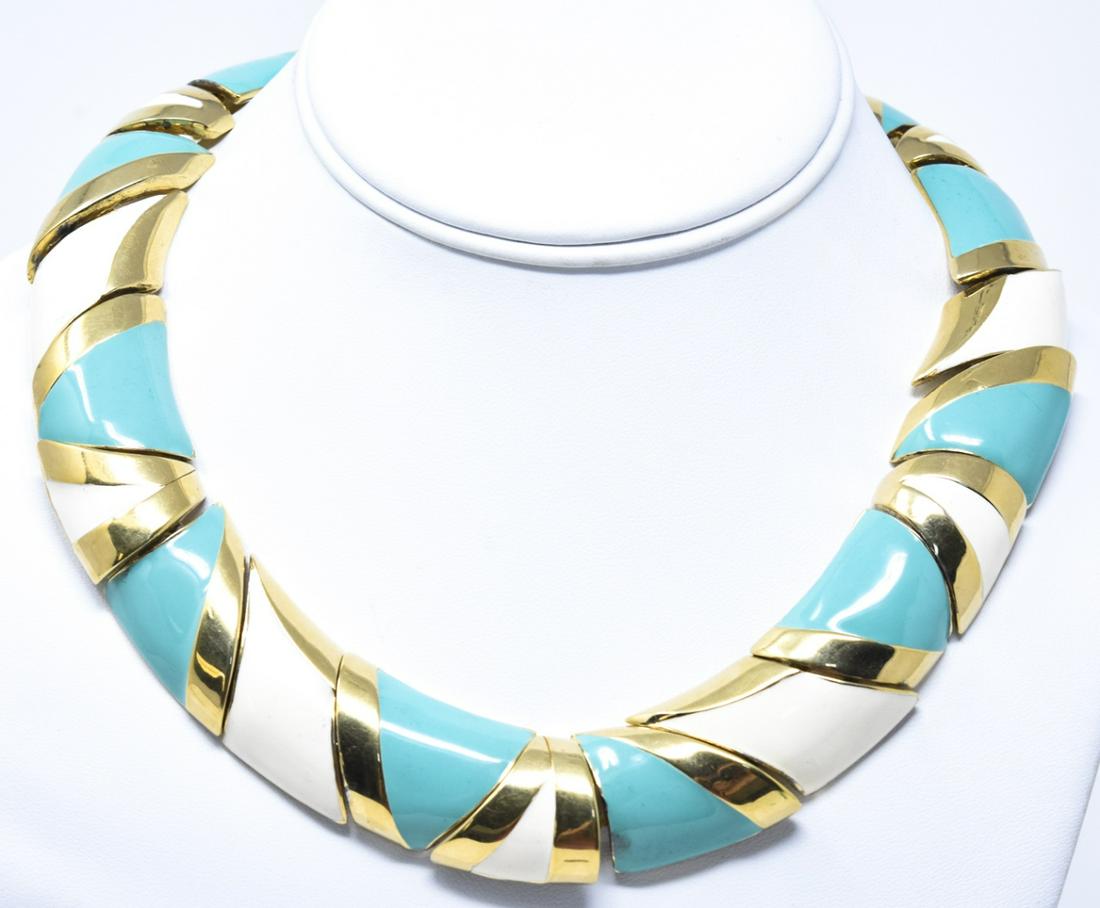 Vintage C 1960s Gilt & Enamel Panel Necklace: Vintage C 1960s Gilt & Enamel Panel Necklace. Attributed to Ciner. Articulated panel design. Measures approximately 18.5 inches in length.