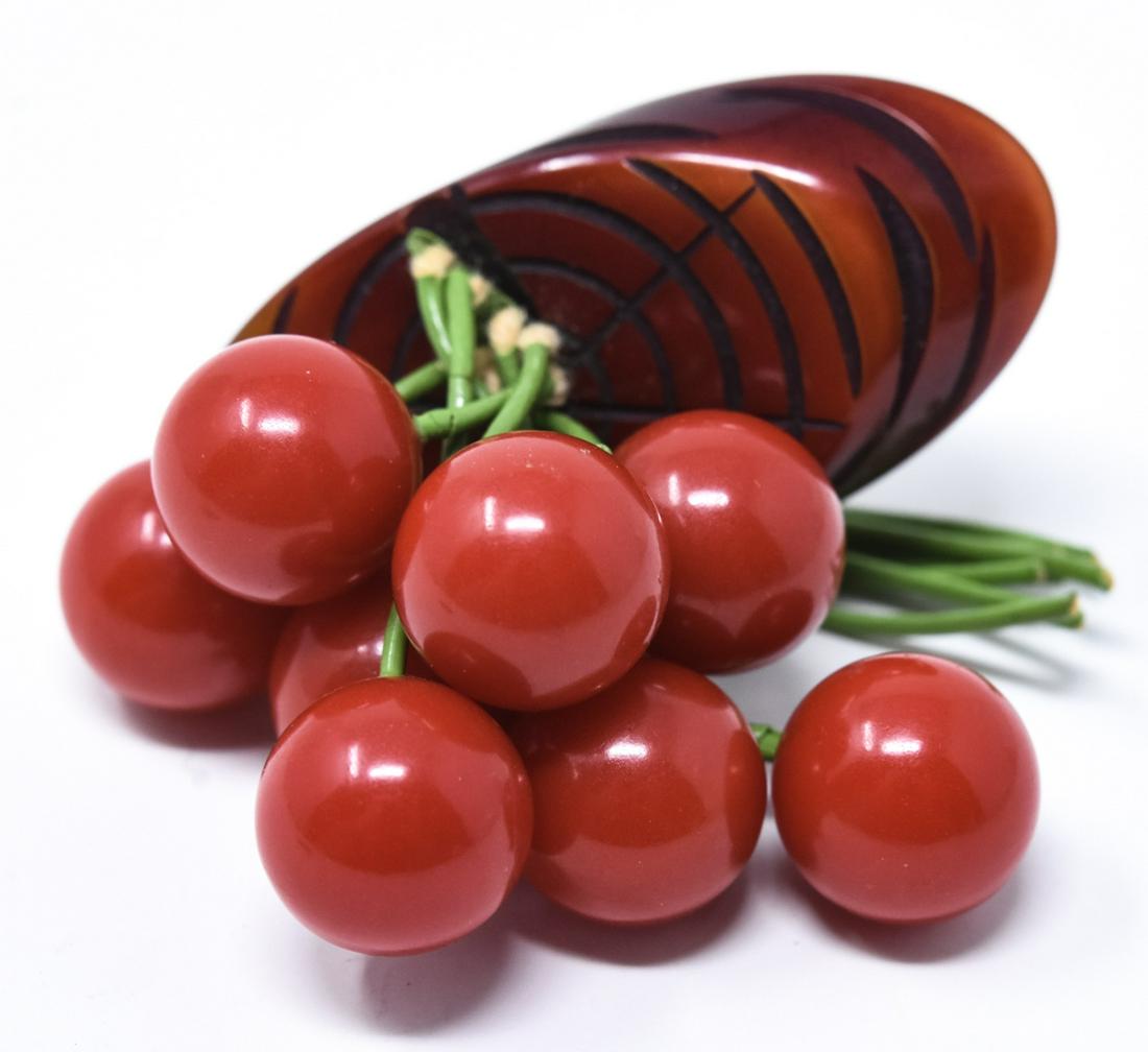Vintage C 1940s Carved & Bead Bakelite Cherry Pin: Vintage C 1940s Carved & Bead Bakelite Cherry Brooch. Measures 1.75 inches in width.