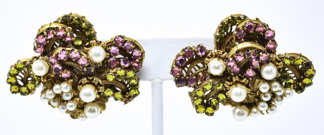 Pair of Large Miriam Haskell Vintage Earrings: Pair of Large Miriam Haskell Vintage Earrings. Signed. Screw backs. Gilt metal, faux pearls, pink and green tone rhinestones. Each measures 1.75 inches in width.