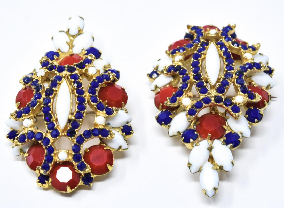 Pair Vintage Kenneth J Lane Brooch or Pendant: Pair of Vintage Kenneth J Lane Brooch or Necklace Pendant. Signed on back. Gilt metal with red, white and blue rhinestones. Measures 2.25 inches in length.