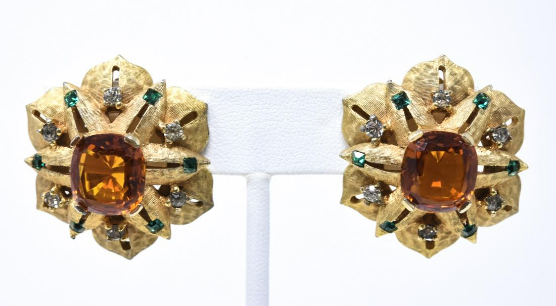 Pair C 1970s Vintage Jomaz Gilt Clip on Earrings: Pair C 1970s Vintage Jomaz Gilt Clip on Earrings. Signed. Two tier design with citrine tone and clear rhinestones. Made in the Buccellati style. Each measures 1.25 inches in diameter.