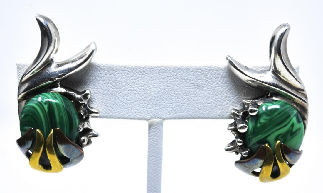 Pair Taxco Mixed Metal Malachite Ear Clips: Pair Taxco Mixed Metal Malachite Ear Clips. Taxco Mexico malachite cabochon and mixed metal clip on earrings. Hallmarked. Sea life motif design. Total weight approximately 23.9 grams inclusive. Each m