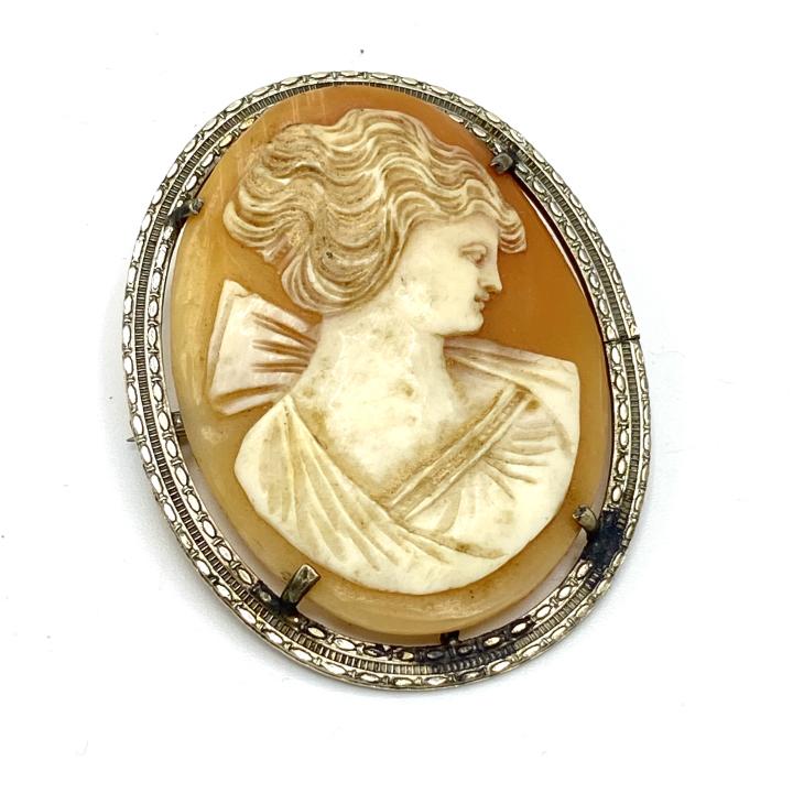Antique Silver & Carved Shell Cameo: Antique Silver and Shell Cameo – Approximately 1.75 x 1.5. Illegibly signed.