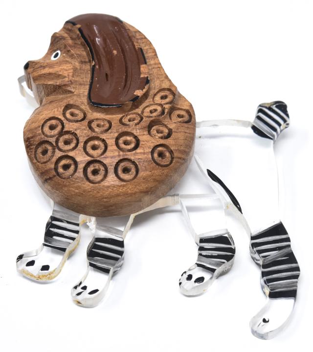 Vintage Lucite & Carved Wood Figural Dog Brooch (1 of 5)