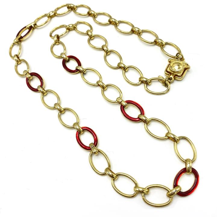 Vintage Kenneth J Lane Enamel Link Necklace: Kenneth J Lane Enamel Link Necklace – A 28” long costume gold and red enamel necklace.