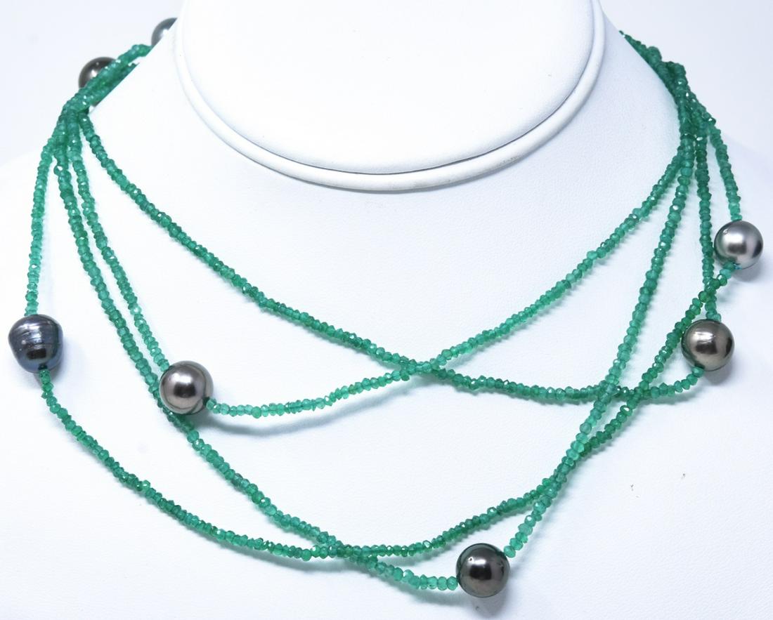 Tahitian Black Pearl & Emerald Necklace: Tahitian Black Pearl and Emerald Necklace – Stones test as Emeralds on the Presidium Gem Tester 2. Super long 64” necklace. Unsold stock used for display from a prominent Westchester jewelry shop.