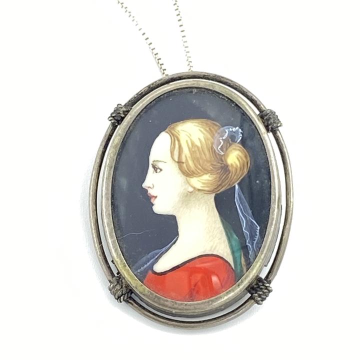 Antique Hand Painted Portrait Silver Pendant (1 of 4)