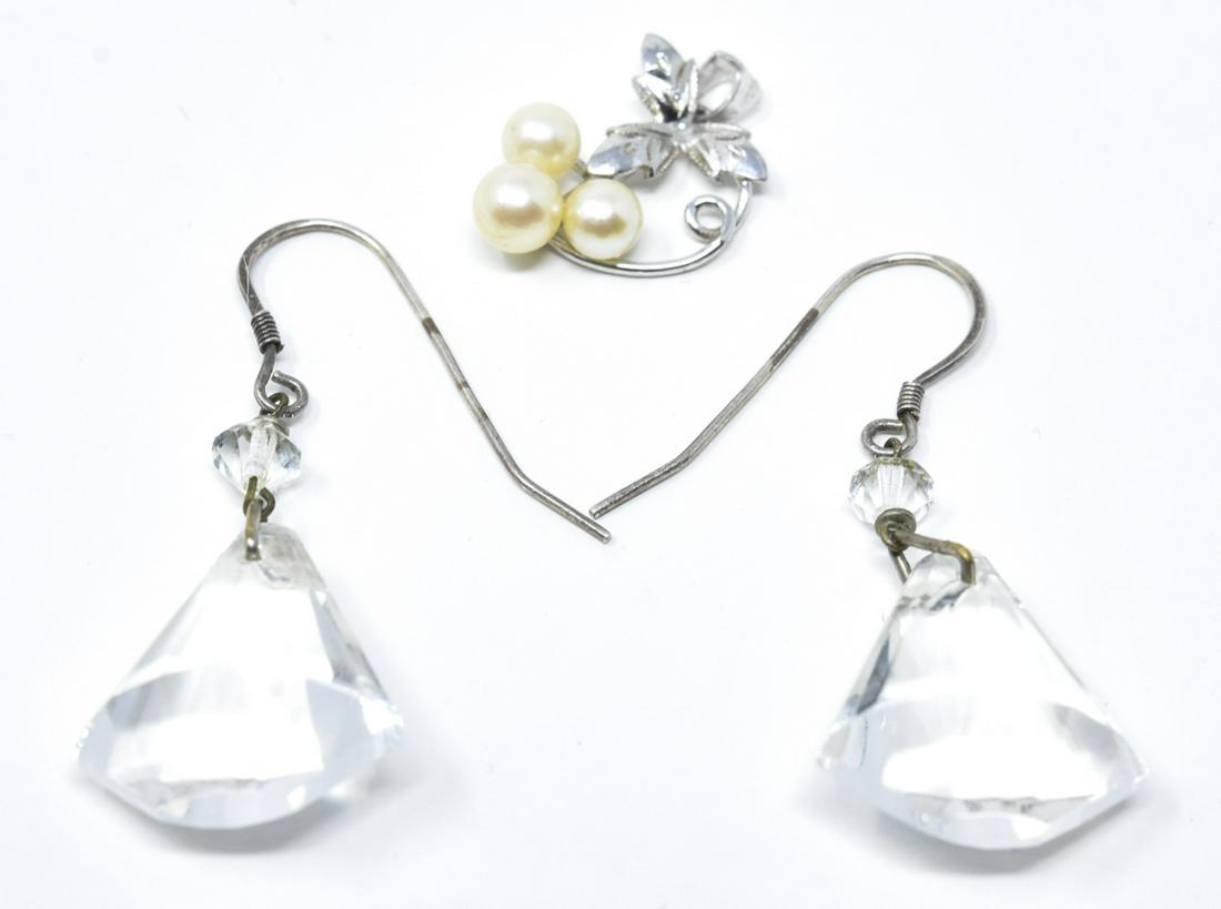 Art Deco Style Sterling Earrings Edwardian Pendant: Art Deco Style Sterling & Crystal Earrings + Edwardian Style Pearl Set Necklace Pendant. Earrings measure 1.75 inches in length.