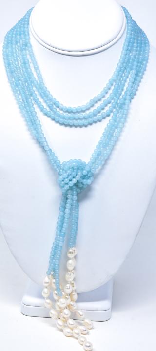 Three Strand Carved Aqua Bead & Pearl Necklace (1 of 7)