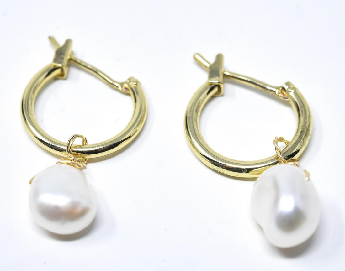 Pair of Gold Hoop w Baroque Pearl Earrings: Pair of Gold Plated Hoops w Baroque Pearl Earrings. Each measures just over 1 inch in length.