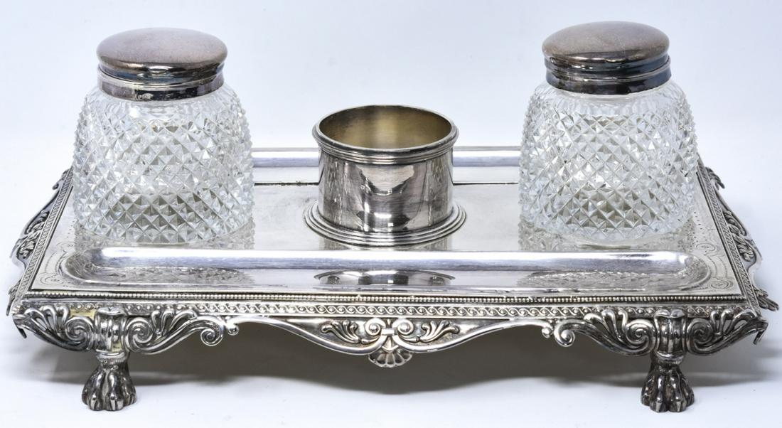 Antique Silver Plate Double Inkwell w Pen Tray (1 of 8)
