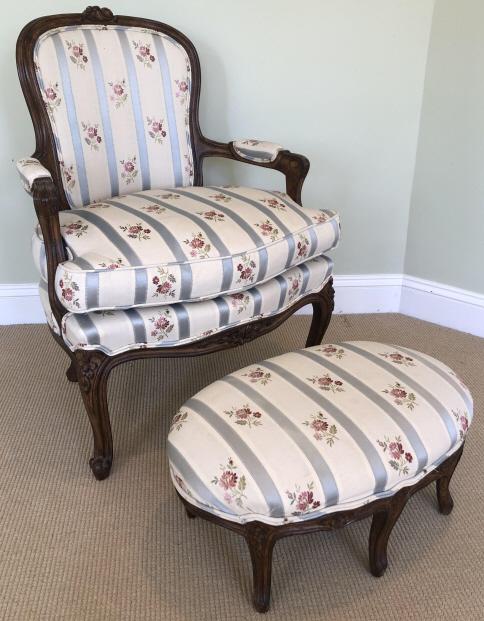 Antique Carved Upholstered Bergere Chair & Ottoman (1 of 4)