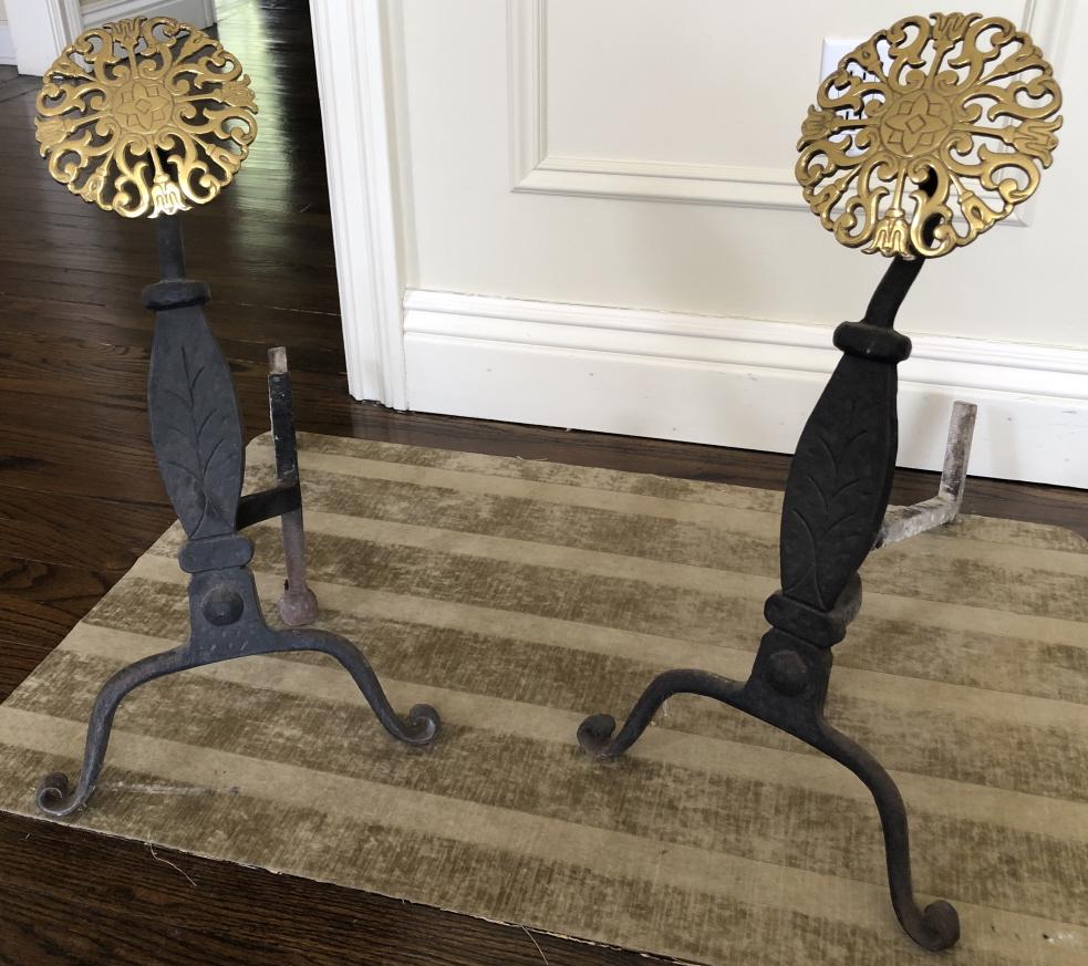 Virginia Metalcrafters Wrought Iron Brass Andirons: Vintage Virginia Metalcrafters Aesthetic Movement Wrought Iron & Brass Medallion Andirons c. 1960. 24 inches x 12 inches x 19 inches