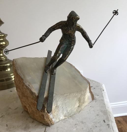 Mid Century Statue of Skier w Natural Stone Base (1 of 2)