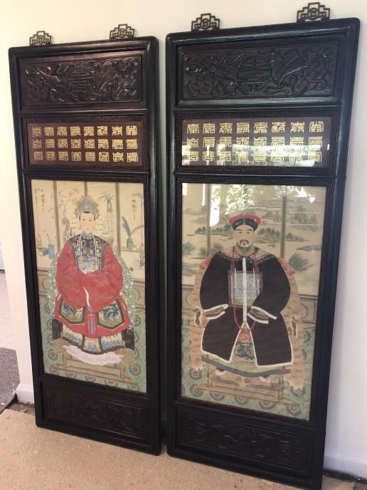 Pair Chinese Rosewood Framed Ancestor Portraits (1 of 7)