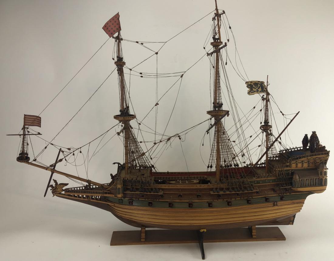 Vintage Hand Made Carved Wooden Warship Model: Vintage Hand Made Carved Wooden Warship Model. 25 inches x 35 inches x 8 inches