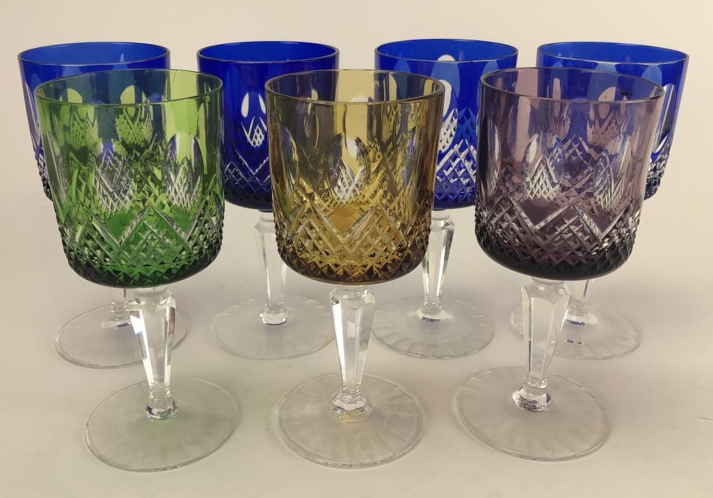 7 Bohemian Colored Cut Crystal Wine Glasses: 7 Bohemian Colored Cut Crystal Wine Glasses. 6.5 inches x 3 inches in diameter.