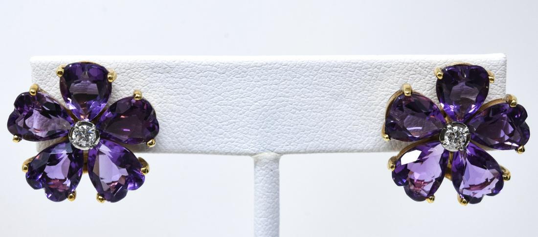 Pair of 14kt Yellow Gold Diamond Amethyst Earrings (1 of 5)