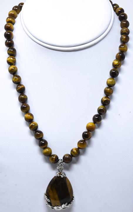 Handmade Tiger's Eye Necklace w Carved Pendant (1 of 7)